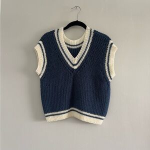 Navy and Cream Knit V-Neck Sweater Vest
